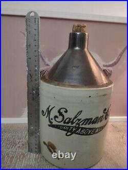 Antique M Salzman Stoneware Advertising Whiskey Jug, No Cracks