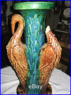 Antique Majolica Art Deco Pottery Pelican Flamingo Bird Pedestal Stoneware Stand