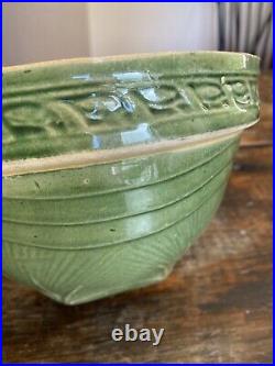 Antique McCoy Yellow Ware Green Glaze Sunburst Pottery Mixing Bowl Farmhouse