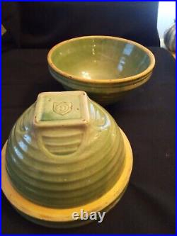 Antique Mc Coy Pottery 2 Green Stoneware Bowls#2 Shield Mark9 1920s Vintage Norm