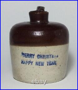 Antique Mini 3-1/4 inch Stoneware Jug MERRY CHRISTMAS / HAPPY NEW YEAR