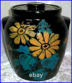 Antique Monmouth Illinois Black Stoneware Pottery Orange Coneflower Cookie Jar