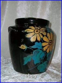 Antique Monmouth Illinois Black Stoneware Pottery Orange Coneflower Cookie Jar