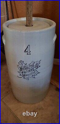 Antique Monmouth Pottery Co. IL. Butter Churn 4 Gal with Lid, Dasher. Maple Leaf