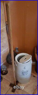 Antique Monmouth Pottery Co. IL. Butter Churn 4 Gal with Lid, Dasher. Maple Leaf