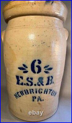 Antique New Brighton, PA E. S. & B. Blue Decorated 6 Gallon Butter Churn Crock