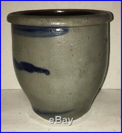 Antique Ovid Stoneware Jar Crock Cobalt Blue Stripes Striper Salt glaze Pottery