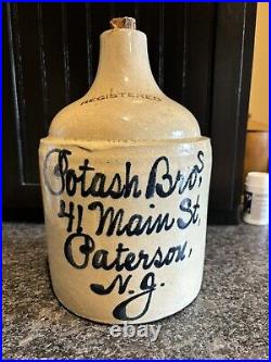 Antique Potash Bros 1 Gallon Stoneware Script Jug Paterson NJ