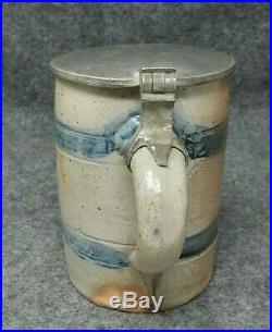 Antique Primitive Blue & Gray Stoneware Pre Prohibition Beer MUG with Lid