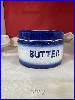 Antique Primitive Blue & White Stoneware Butter Crock With Handle & LID