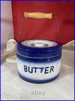 Antique Primitive Blue & White Stoneware Butter Crock With Handle & LID
