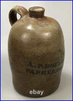 Antique Primitive Pottery Stoneware Jug A. P. DONAGHHO Parkersburg, WV 11.5 AA