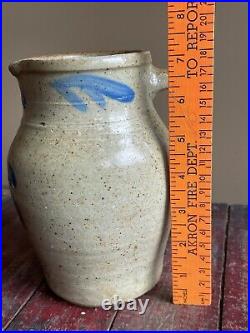 Antique Primitive Salt Glazed Blue Cobalt Stoneware Pitcher, Unusual Size