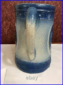 Antique Primitive Salt Glazed Stoneware Crockery Blue Pitcher
