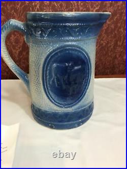 Antique Primitive Salt Glazed Stoneware Crockery Blue Pitcher