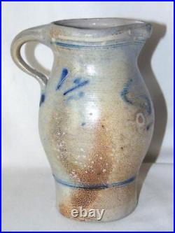 Antique Primitive Saltglaze STONEWARE Pottery 8 Thrown PITCHER Cobalt Floral