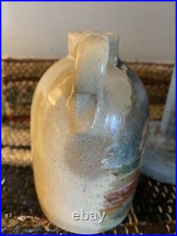 Antique Primitive Small Stoneware Jug withPainting of 2 Children in Boat
