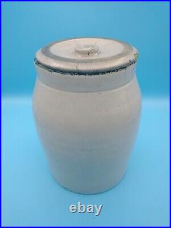 Antique Primitive Stoneware Canning Jar Crock Pantry Jar GREEN ON RIM & COVER 9