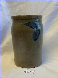Antique Primitive Stoneware Crock Salt Glaze Cobalt Blue on Gray Design Pot Vase