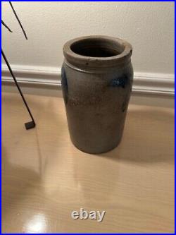 Antique/Primitive Stoneware Crock Salt Glazed with Cobalt Blue Leaves