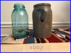 Antique/Primitive Stoneware Crock Salt Glazed with Cobalt Blue Leaves