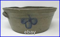 Antique RARE 1800's MILK PAN, BLUE DECORATED STONEWARE with Handles CROCK WOW