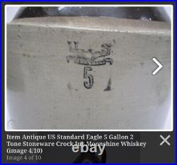 Antique Rare 5 Gallon Stoneware Whiskey Moonshine Jug US Standard Eagle Stamped