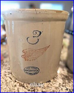Antique Red Wing 3 Gallon Stoneware Crock With 4 Wing