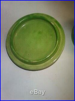 Antique Retro Vintage Lime Green Ring Ware Pottery Grease Jar +Lid RARE BAUER