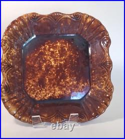 Antique Rockingham Yellow Ware Plate Tray w Brown Glaze 9 inch Embossed Fluted