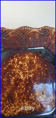 Antique Rockingham Yellow Ware Plate Tray w Brown Glaze 9 inch Embossed Fluted