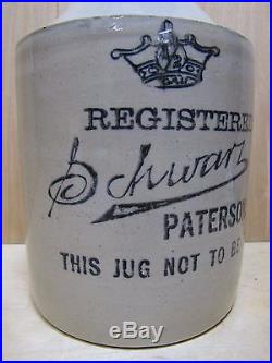 Antique SCHWARZ PATERSON NJ 1/2 Gal Liquor Stoneware Pottery Jug Not to Be Sold