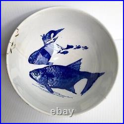 Antique STONEWARE BOWL blue KOI FISH design Tea Bowl circle mark Chinese Pottery