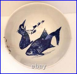 Antique STONEWARE BOWL blue KOI FISH design Tea Bowl circle mark Chinese Pottery