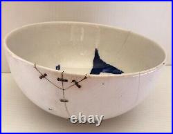 Antique STONEWARE BOWL blue KOI FISH design Tea Bowl circle mark Chinese Pottery