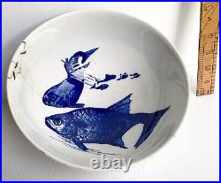 Antique STONEWARE BOWL blue KOI FISH design Tea Bowl circle mark Chinese Pottery