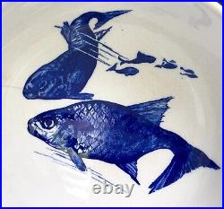 Antique STONEWARE BOWL blue KOI FISH design Tea Bowl circle mark Chinese Pottery