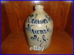 Antique S. Scheuer & Son Newark NJ Cobalt Blue Script Stoneware Pottery Jug