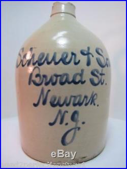 Antique S Scheuer & Sons Broad St Newark NJ Stoneware Script Jug 19c advertising
