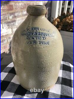 Antique SaltGlaze Stoneware 1 gal. NYC Merchant jug Blue Cobalt wash inscription