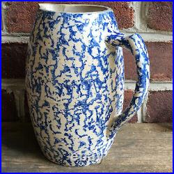 Antique Salt Glaze Blue & White Stoneware Spongeware 8.5 Pitcher Farmhouse Prim