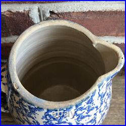 Antique Salt Glaze Blue & White Stoneware Spongeware 8.5 Pitcher Farmhouse Prim