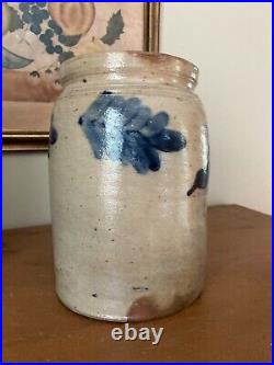 Antique Salt Glaze Pennsylvania Stoneware Jar/Crock Four Cobalt Blue Sprigs 8.5