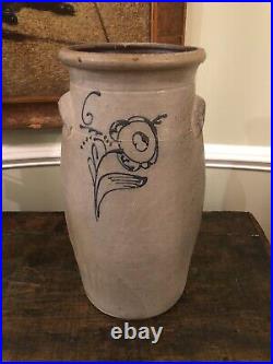 Antique Salt Glaze Stoneware Churn Freehand Cobalt Decoration Likely Midwest