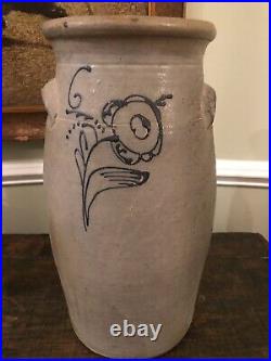 Antique Salt Glaze Stoneware Churn Freehand Cobalt Decoration Likely Midwest