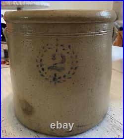 Antique Salt Glaze Stoneware Crock 2 Gallon Wreath Crest