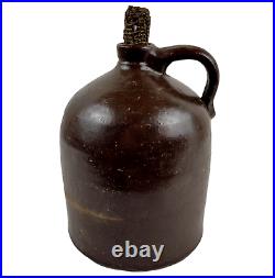 Antique Salt Glaze Stoneware Pottery Brown Jug With Corncob Cork 10 Tall 1800s