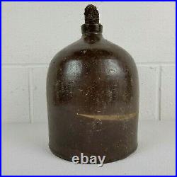 Antique Salt Glaze Stoneware Pottery Brown Jug With Corncob Cork 10 Tall 1800s