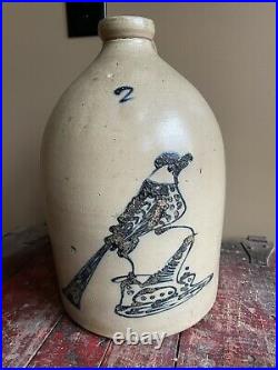 Antique Salt Glazed Blue Cobalt Spotted Bird 2 Gallon Stoneware Jug