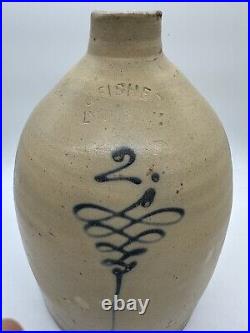 Antique Salt Glazed Stoneware J Fisher Lyons NY Beehive Whiskey Crock Jug